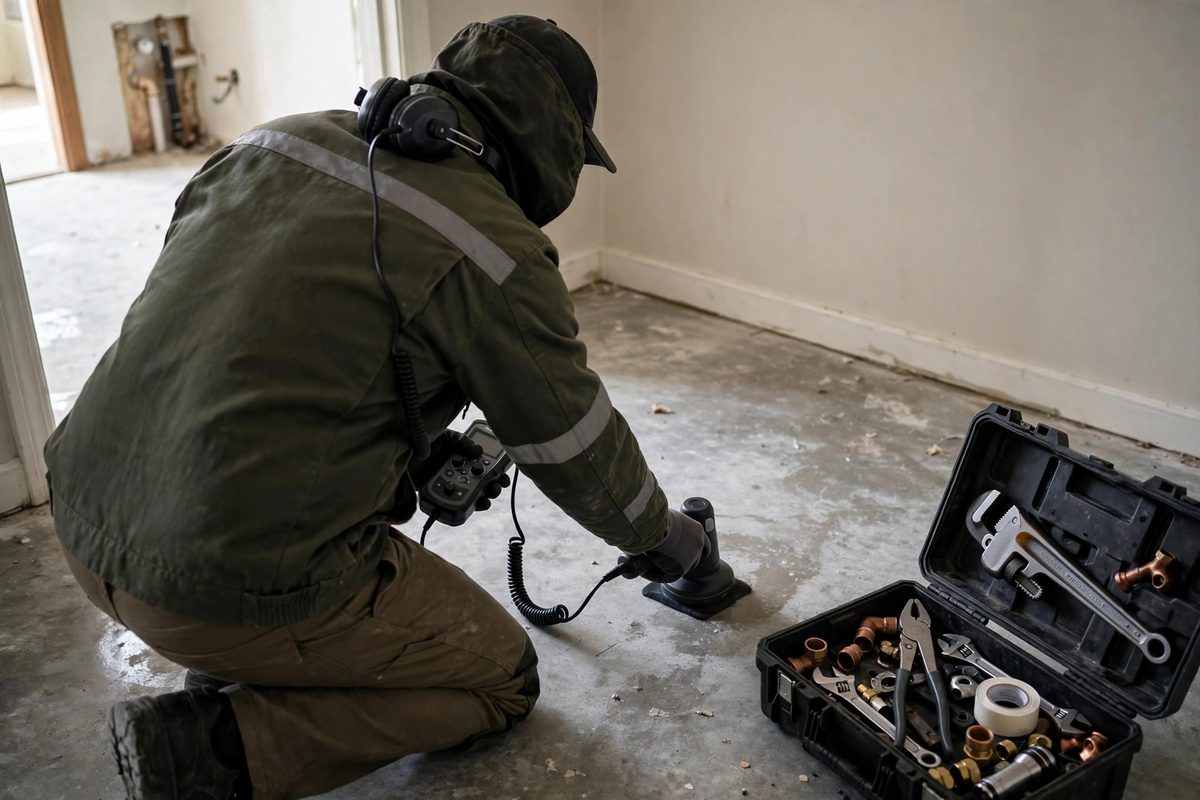 Technician using acoustic listening equipment on a floor to locate a hidden leak