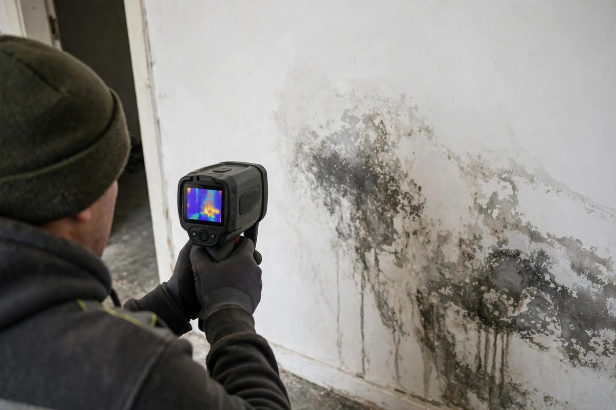 Technician holding a thermal imaging camera toward a wall to check for a hidden leak